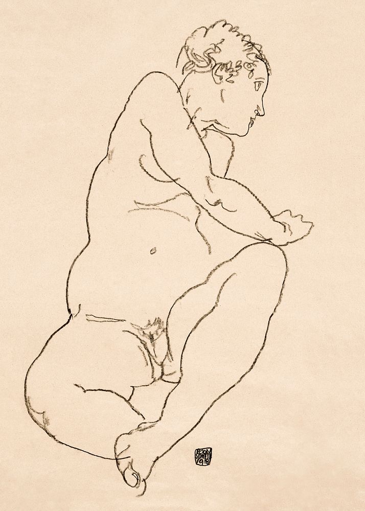 Female Nude Bending to the Left (1918) by Egon Schiele. Original female line art drawing from The MET museum. Digitally…