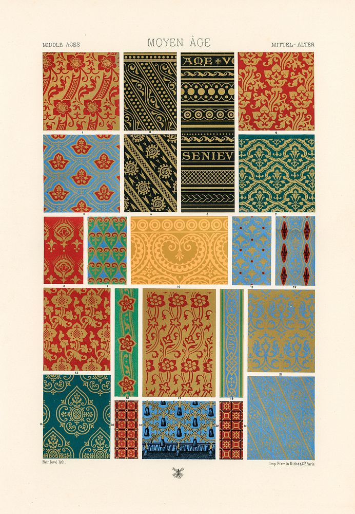 Middle-Ages pattern.  Digitally enhanced from our own original 1888 edition from L'ornement Polychrome by Albert Racine…
