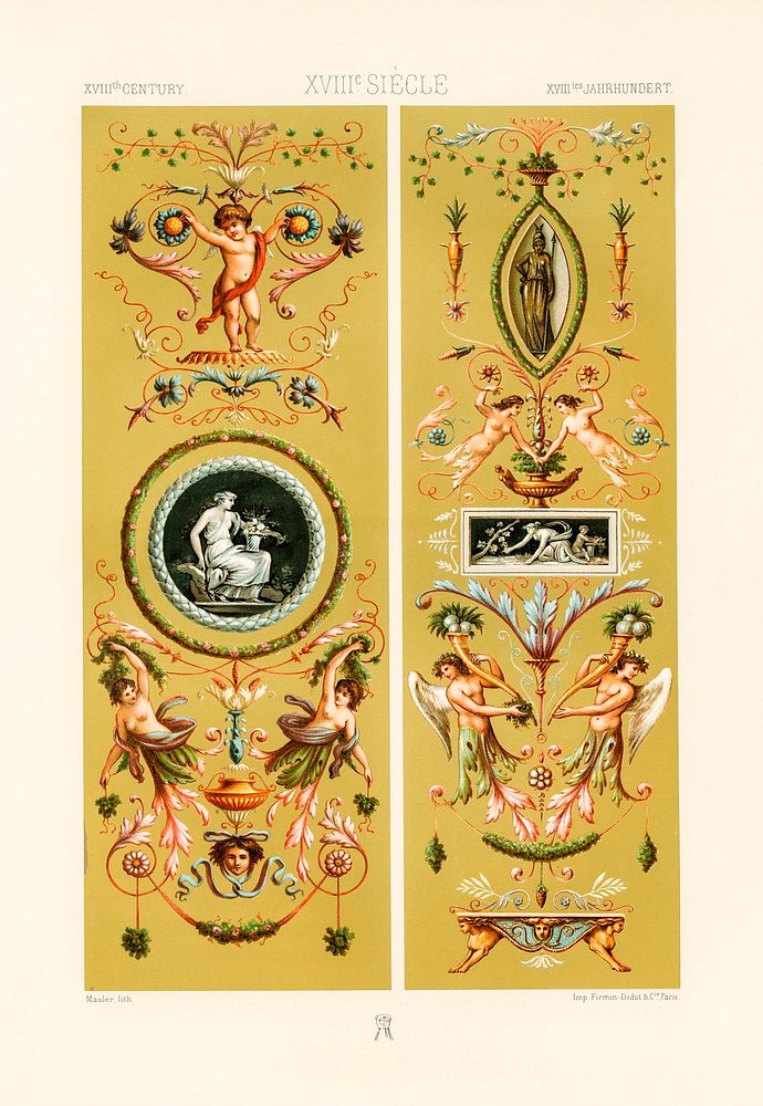 18th Century pattern.  Digitally enhanced from our own original 1888 edition from L'ornement Polychrome by Albert Racine…