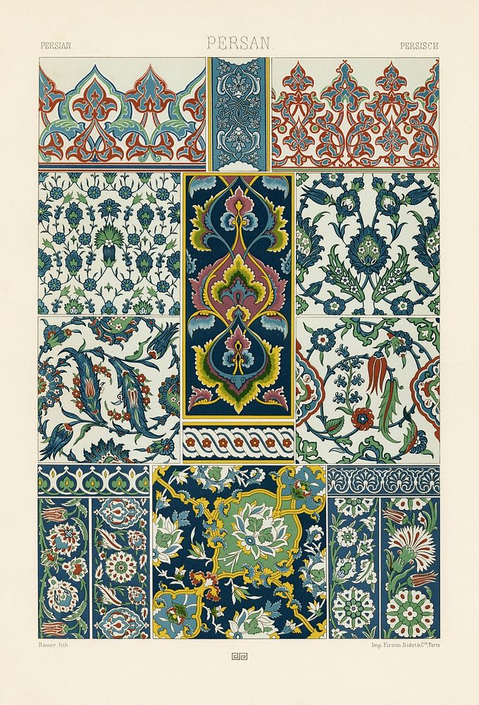 18th Century pattern. Digitally enhanced from our own original 1888 edition from L'ornement Polychrome by Albert Racine…