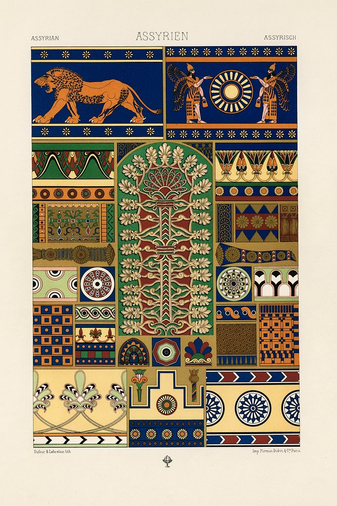 Assyrian pattern. Digitally enhanced from our own original 1888 edition from L'ornement Polychrome by Albert Racine…