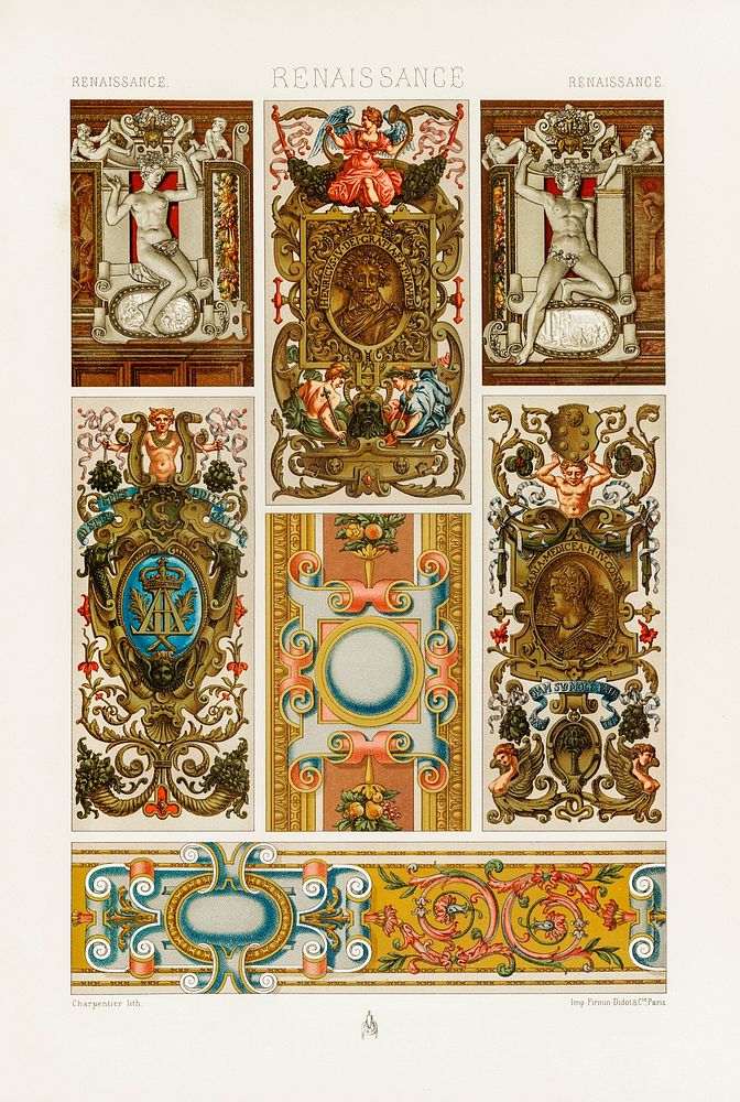 Renaissance pattern. Digitally enhanced from our own original 1888 edition from L'ornement Polychrome by Albert Racine…