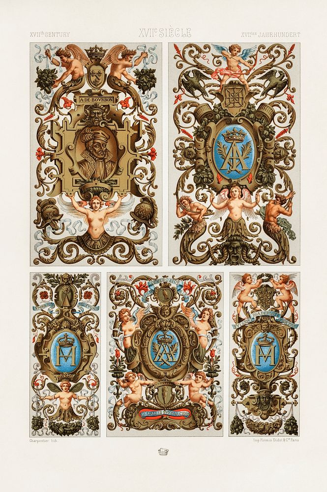 17th Century pattern. Digitally enhanced from our own original 1888 edition from L'ornement Polychrome by Albert Racine…