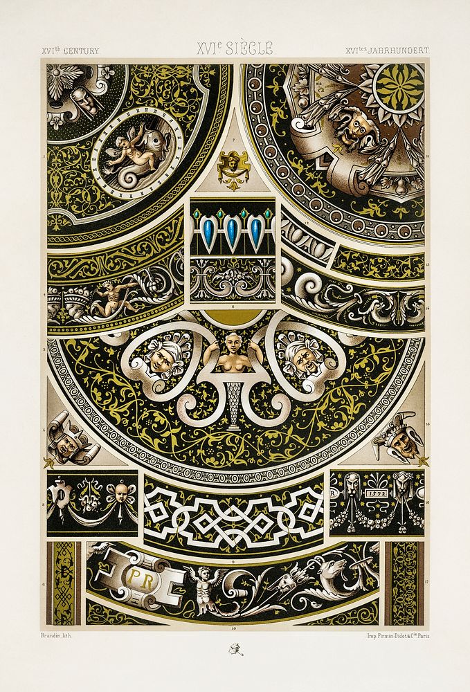 16th Century pattern. Digitally enhanced from our own original 1888 edition from L'ornement Polychrome by Albert Racine…