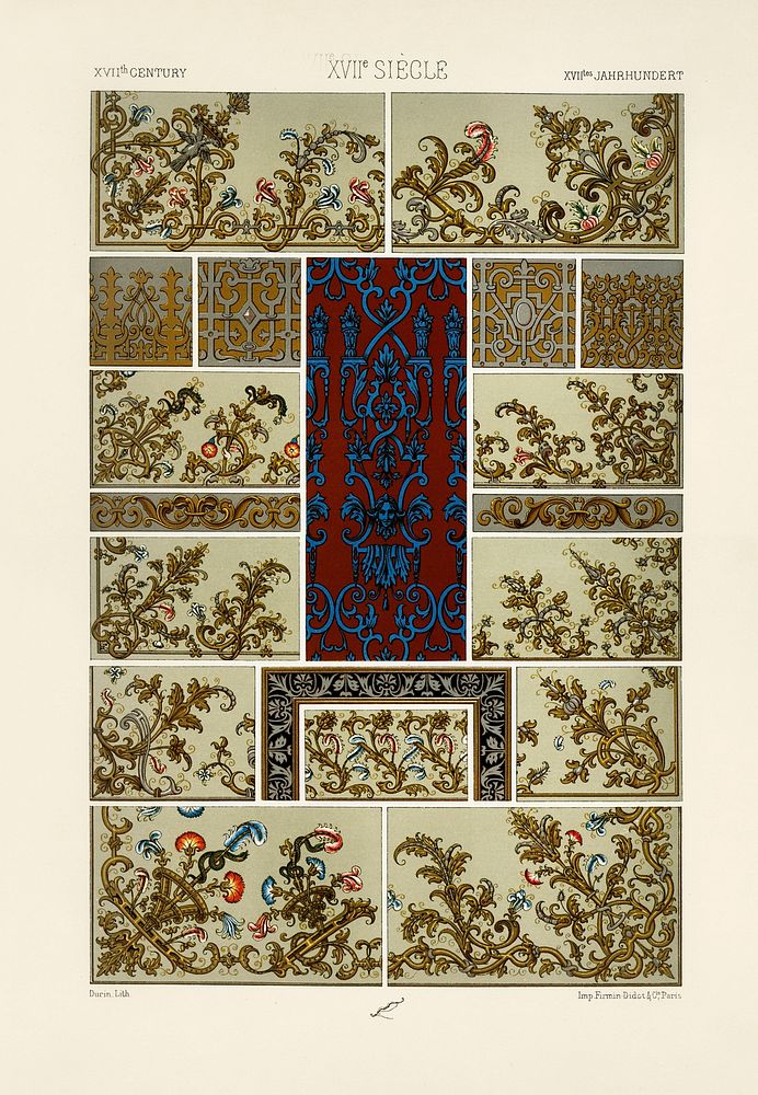 17th Century pattern. Digitally enhanced from our own original 1888 edition from L'ornement Polychrome by Albert Racine…