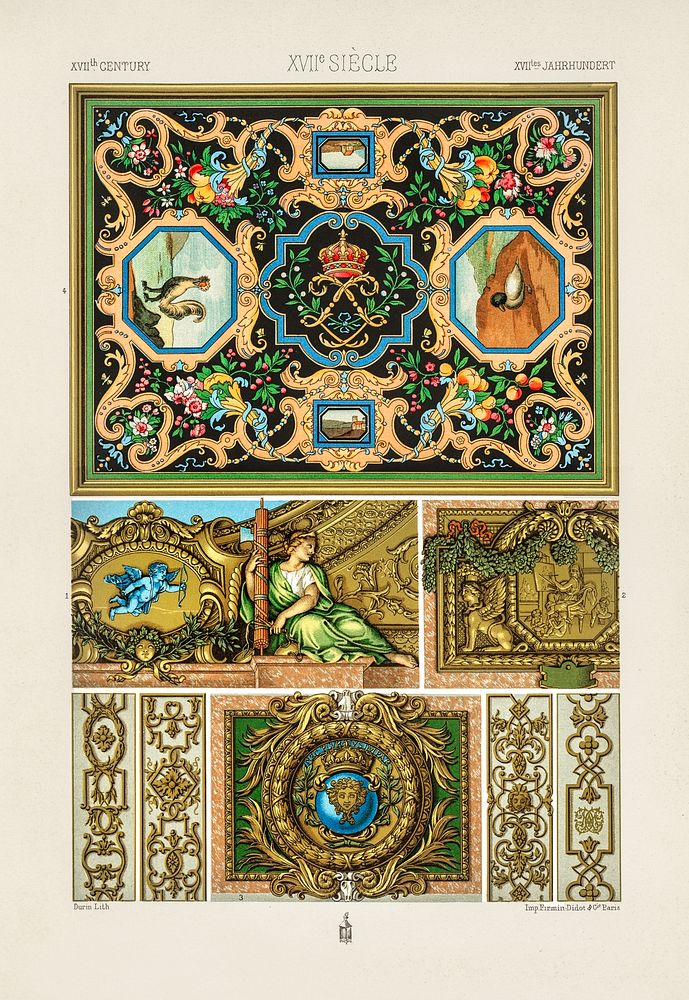 17th Century pattern. Digitally enhanced from our own original 1888 edition from L'ornement Polychrome by Albert Racine…