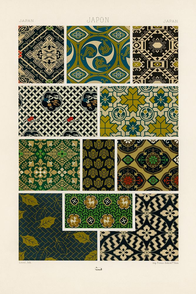 Japan pattern. Digitally enhanced from our own original 1888 edition from L'ornement Polychrome by Albert Racine (1825–1893).