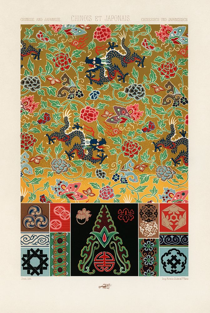 Chinese and Japanese pattern. Digitally enhanced from our own original 1888 edition from L'ornement Polychrome by Albert…