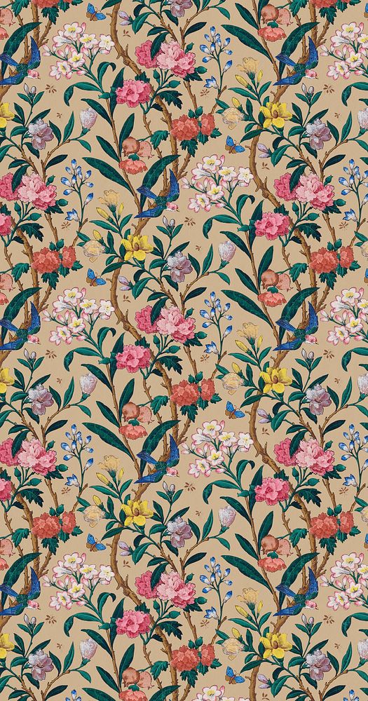 Birds, butterflies and bees among various blossoms (ca. 1850&ndash;1860) wallpaper in high resolution. Original from The…
