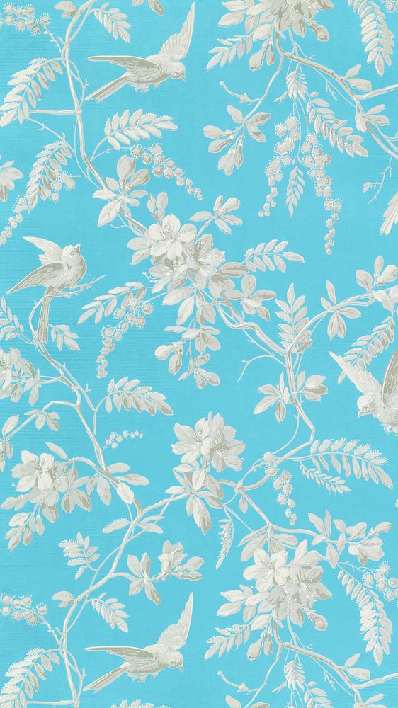 Flower pattern iPhone wallpaper, blue background. Remixed from public domain artwork.