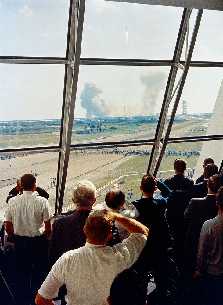 Personnel within the Launch Control Center watch the Apollo 11 liftoff from Launch Complex 39A at the start of the historic…