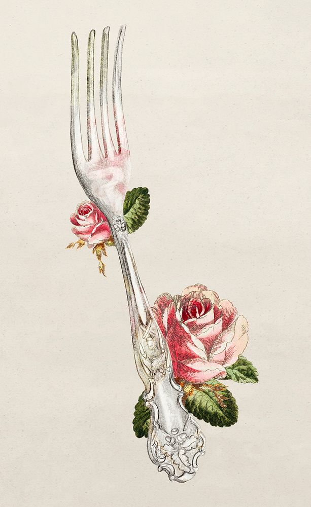 Silver fork psd vintage illustration, remixed from the artwork by Ludmilla Calderon