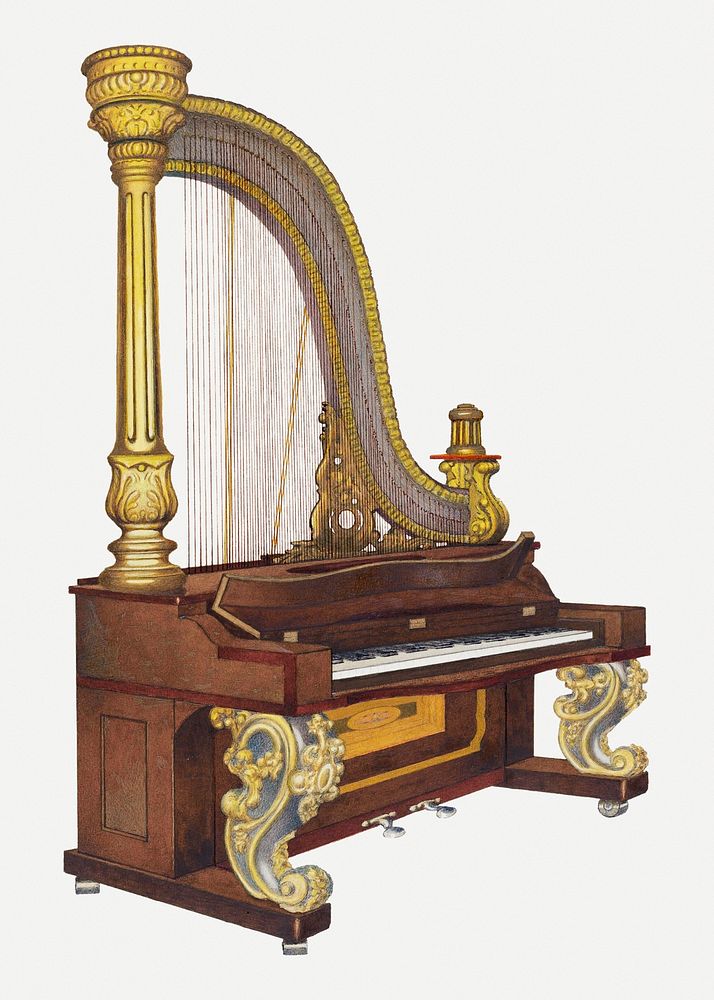Vintage upright harp psd illustration, remixed from the artwork by William High
