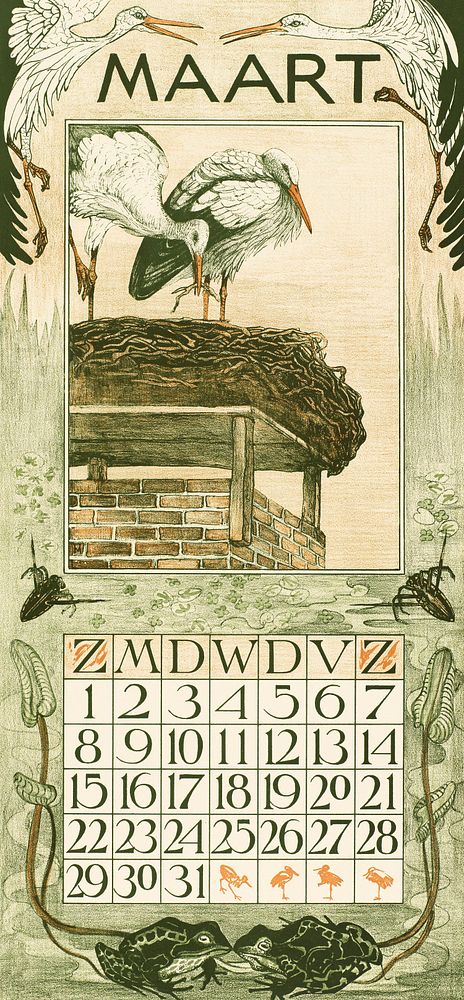 Kalenderblad maart met ooievaars (1902) print in high resolution by Theo van Hoytema. Original from The Rijksmuseum.…