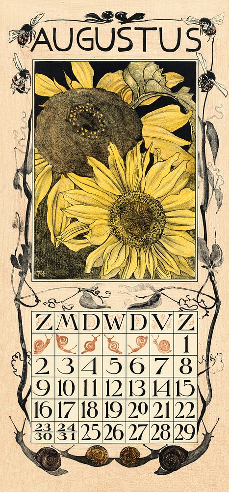 Kalenderblad augustus met zonnebloemen (1902) print in high resolution by Theo van Hoytema. Original from The Rijksmuseum.…