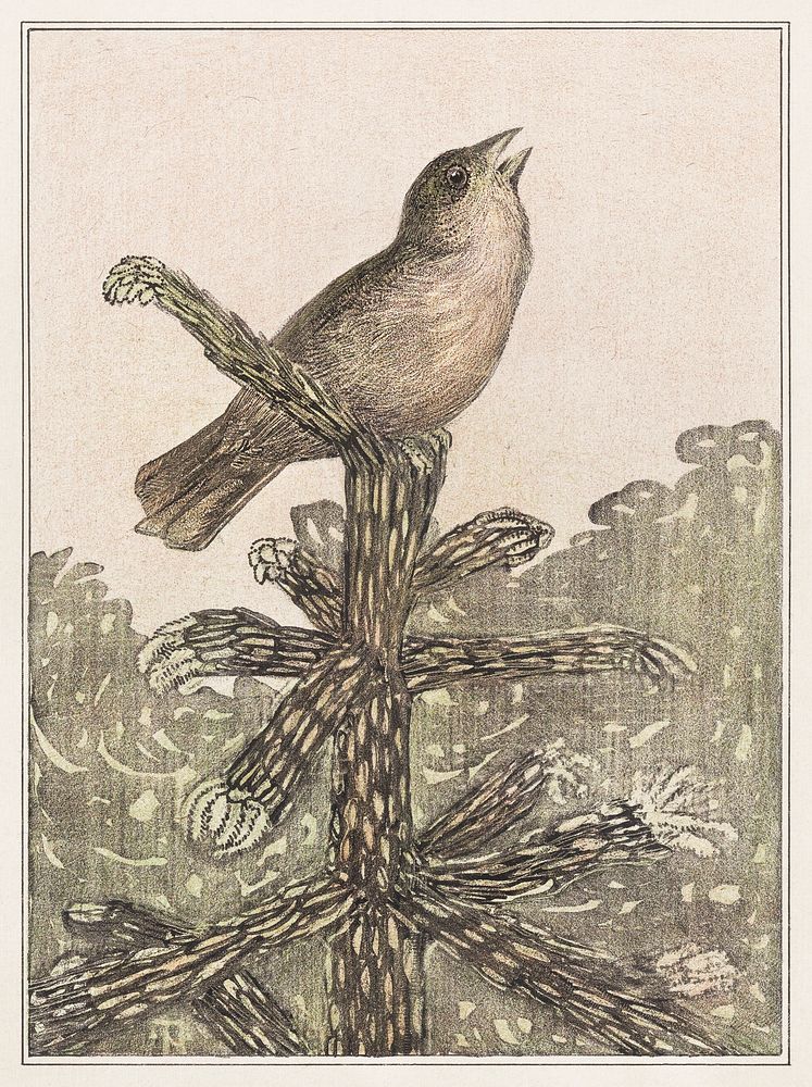 Zingende vogel op naaldboom (1878&ndash;1906) print in high resolution by Theo van Hoytema. Original from The Rijksmuseum.…