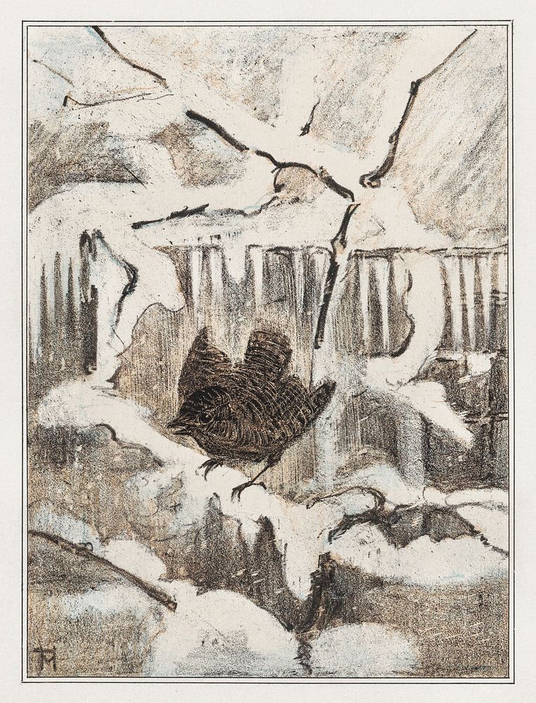 Winterkoninkje op besneeuwde tak (1878&ndash;1907) print in high resolution by Theo van Hoytema. Original from The…