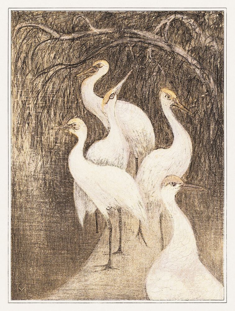 Zes kraanvogels aan de waterkant (1878&ndash;1910) print in high resolution by Theo van Hoytema. Original from The…