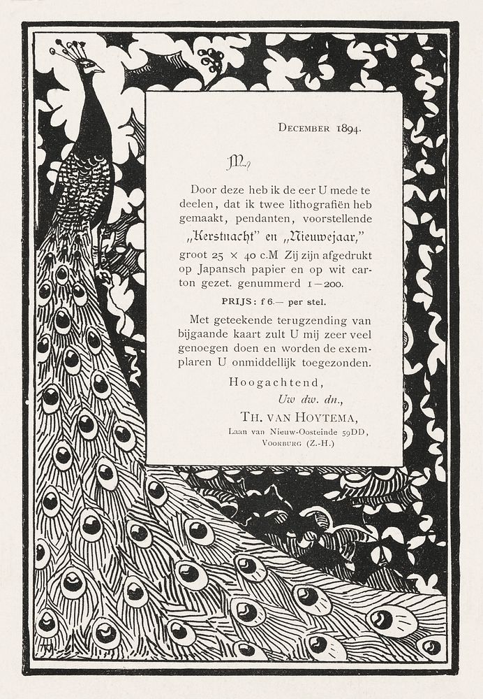 Aankondiging en bestelkaart met pauwen (in or before 1894) print in high resolution by Theo van Hoytema. Original from The…
