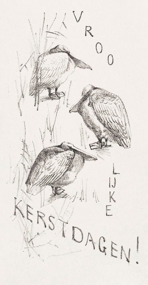 Kerstkaart met drie pelikanen (1878&ndash;1917) print in high resolution by Theo van Hoytema. Original from The Rijksmuseum.…
