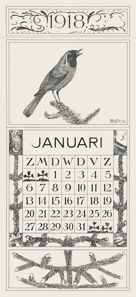 Kalenderblad januari met gekraagde roodstaart (1917) print in high resolution by Theo van Hoytema. Original from The…