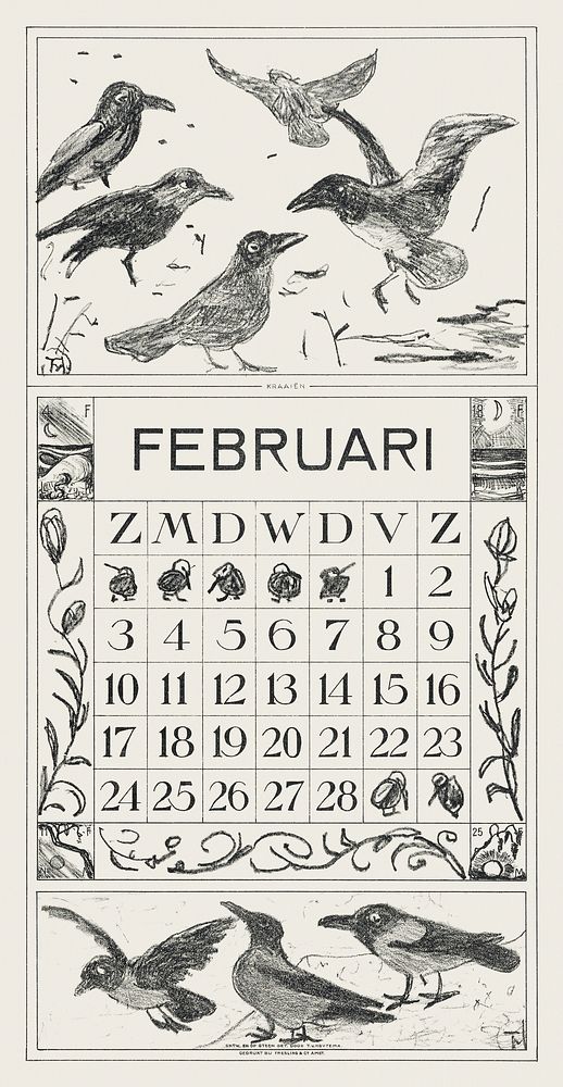 Kalenderblad februari met kraaien (1971) print in high resolution by Theo van Hoytema. Original from The Rijksmuseum.…