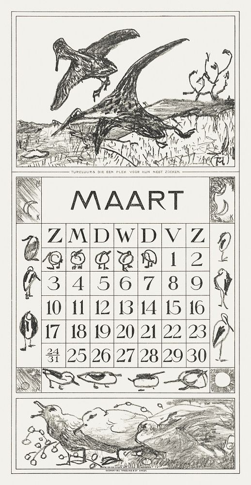 Kalenderblad maart met tureluurs (1917) print in high resolution by Theo van Hoytema. Original from The Rijksmuseum.…