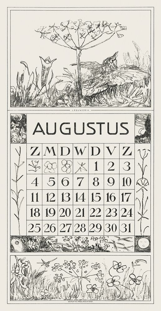 Kalenderblad augustus met leeuwerik en bloem (1917) print in high resolution by Theo van Hoytema. Original from The…