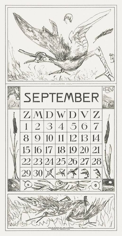 Kalenderblad september met aangeschoten vogel (1917) print in high resolution by Theo van Hoytema. Original from The…