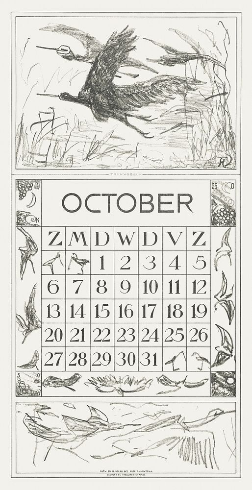 Kalenderblad oktober met trekvogels (1917) print in high resolution by Theo van Hoytema. Original from The Rijksmuseum.…