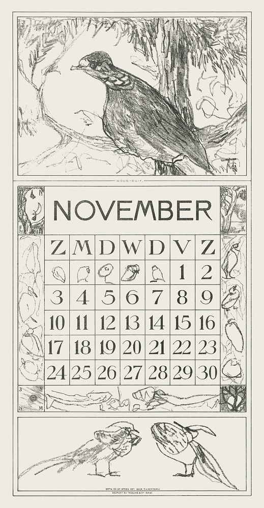 Kalenderblad november met houtduif (1917) print in high resolution by Theo van Hoytema. Original from The Rijksmuseum.…