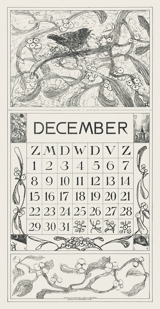 Kalenderblad december met winterkoninkje (1917) print in high resolution by Theo van Hoytema. Original from The Rijksmuseum.…