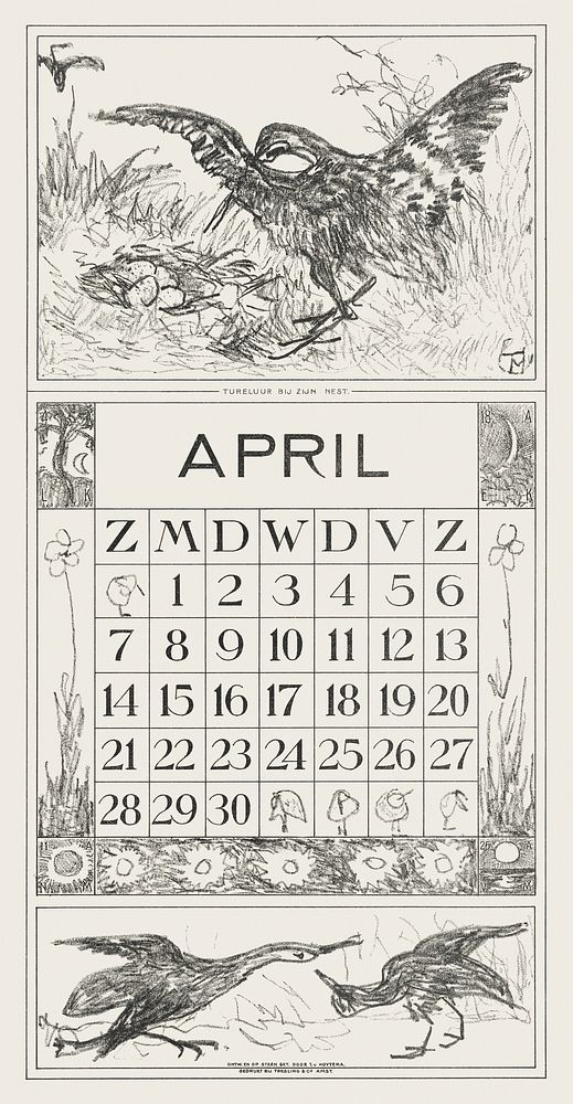 Kalenderblad april met tureluur (1917) print in high resolution by Theo van Hoytema. Original from The Rijksmuseum.…
