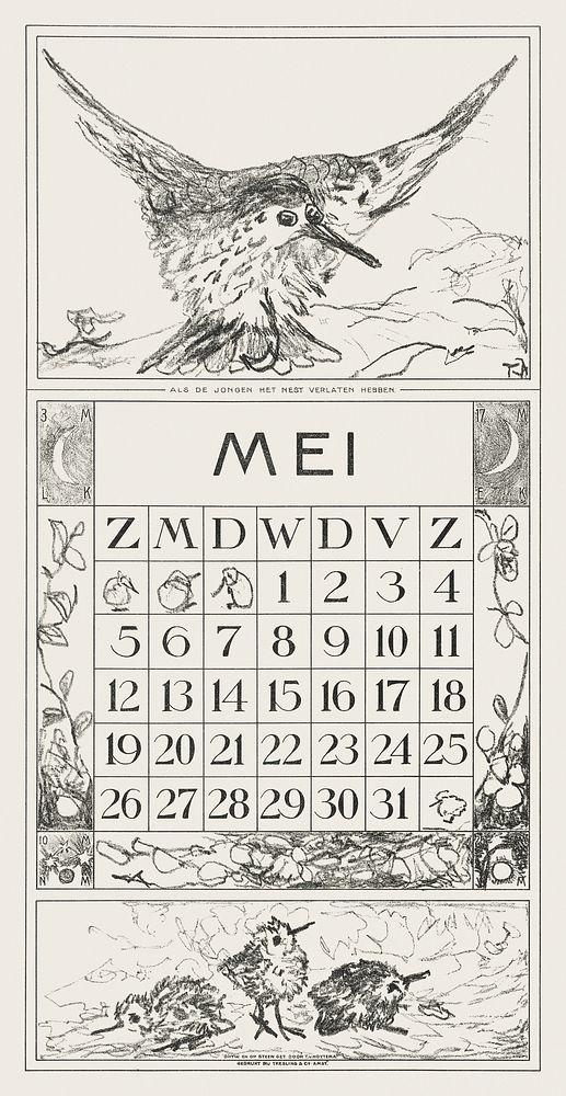 Kalenderblad mei met vliegende vogel (1917) print in high resolution by Theo van Hoytema. Original from The Rijksmuseum.…