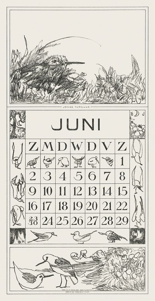 Kalenderblad juni met tureluur in het gras (1917) print in high resolution by Theo van Hoytema. Original from The…