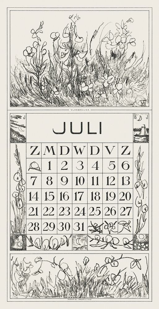 Kalenderblad juli met vlasbekjes (1917) print in high resolution by Theo van Hoytema. Original from The Rijksmuseum.…