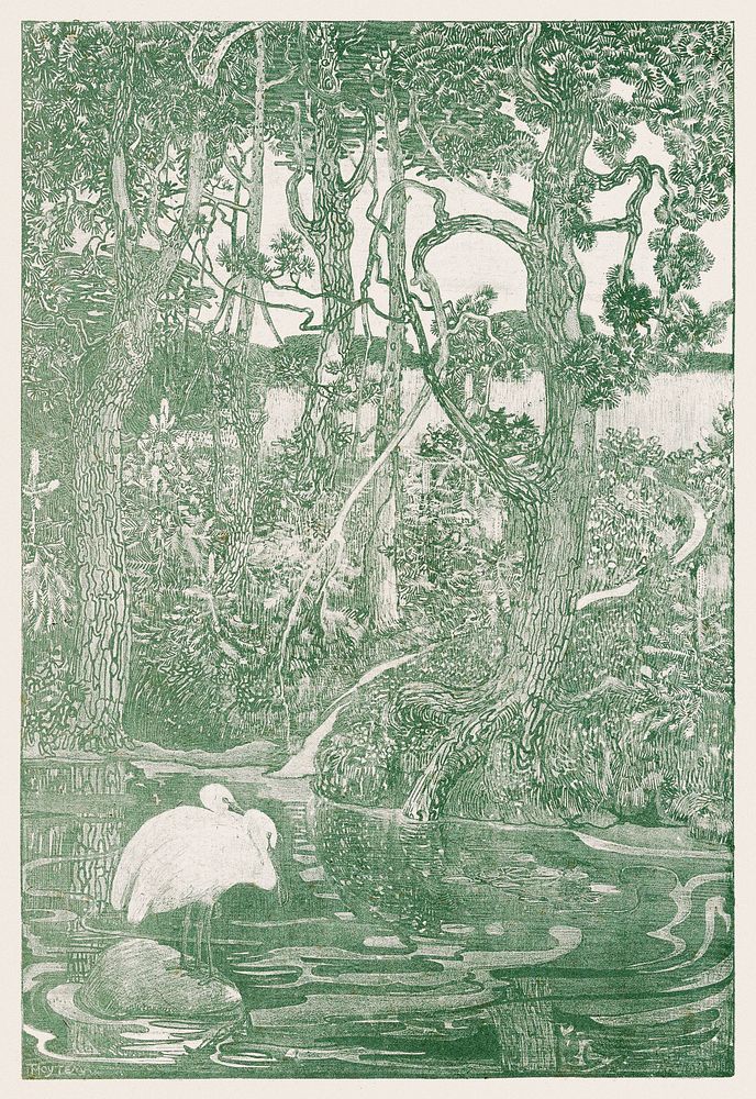 Twee reigers bij een bosvijver (1873&ndash;1917) print in high resolution by Theo van Hoytema. Original from The…