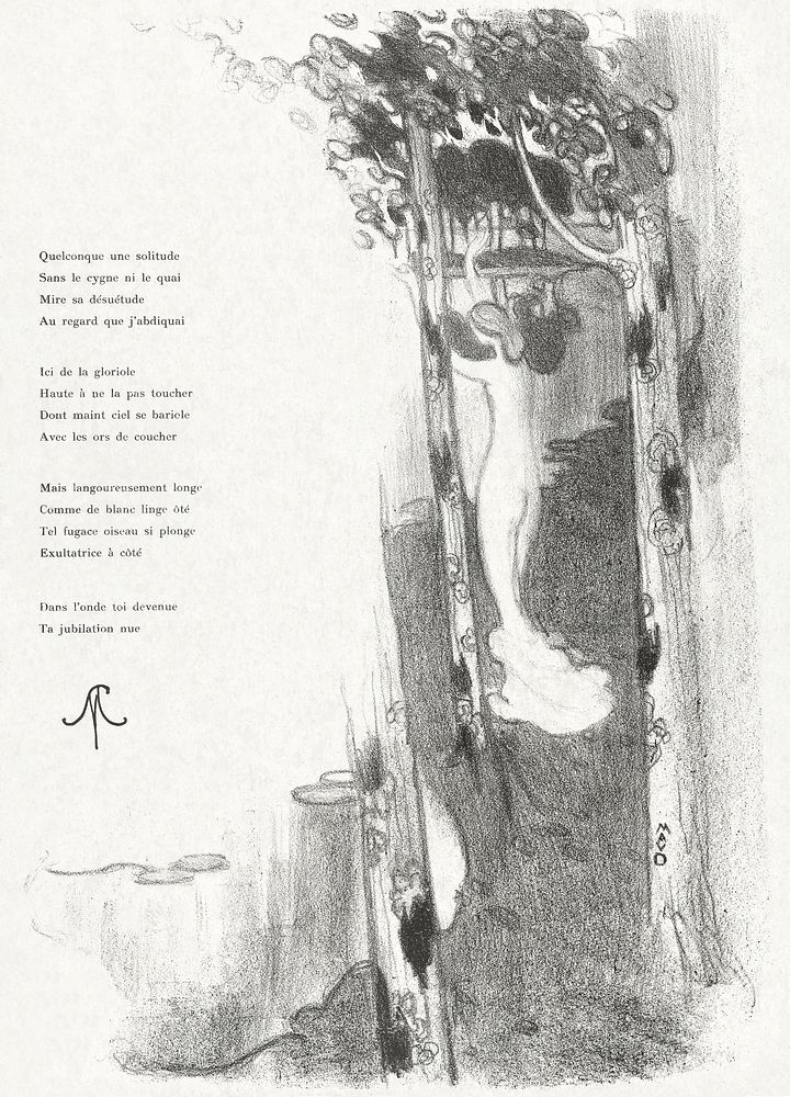 Illustration with a naked woman standing between trees near a lake for the poem Petit Air by St&eacute;phane Mallarm&eacute;…