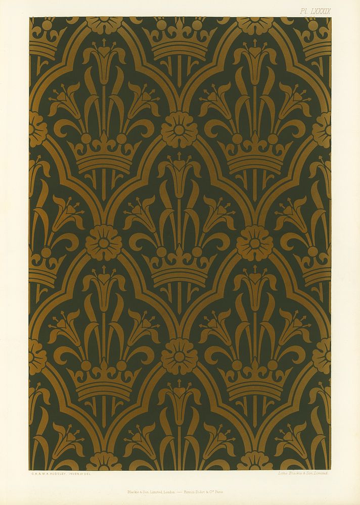 Lily and crown pattern. Digitally enhanced from our own original first edition of The Practical Decorator and Ornamentist…