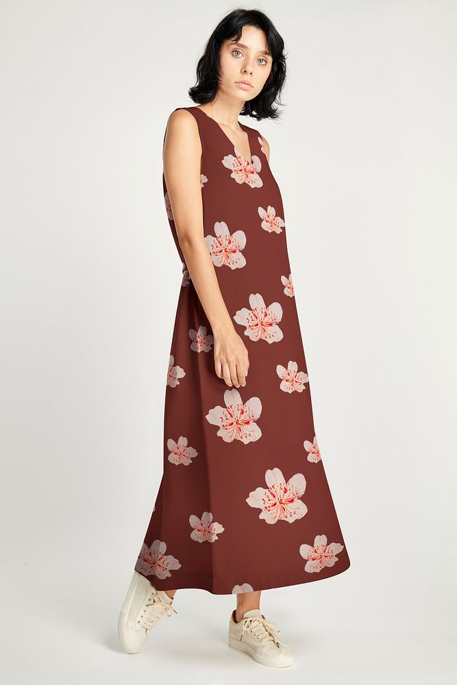 Long dress mockup psd floral pattern on brown, remix from artworks by Megata Morikaga