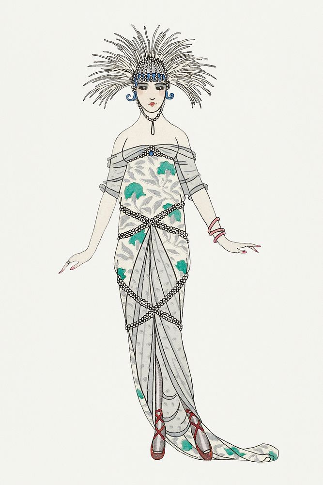 1920s women's fashion psd vintage dress, remix from artworks by George Barbier