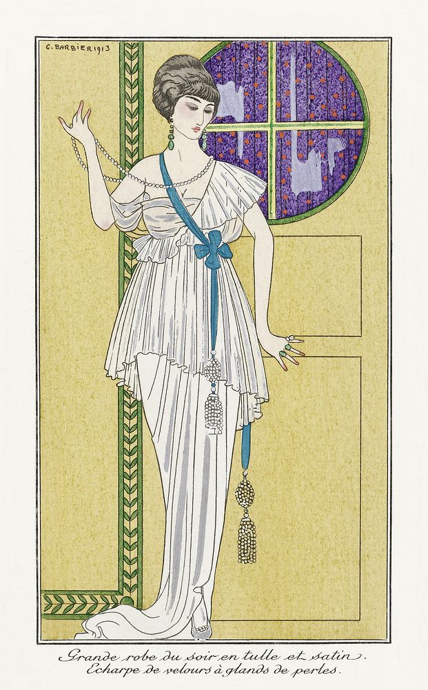 Costumes Parisiens, No. 84: Grande robe du soir from Journal des Dames et des Modes (1913) fashion illustration in high…