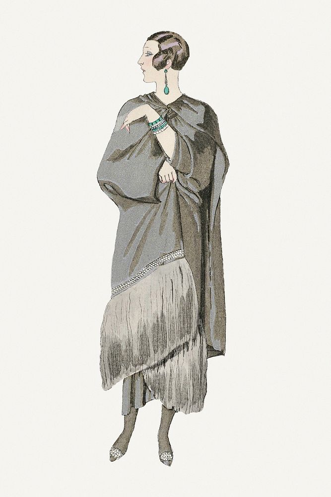 Classy woman in gray coat 19th century fashion, remix from artworks by George Barbier