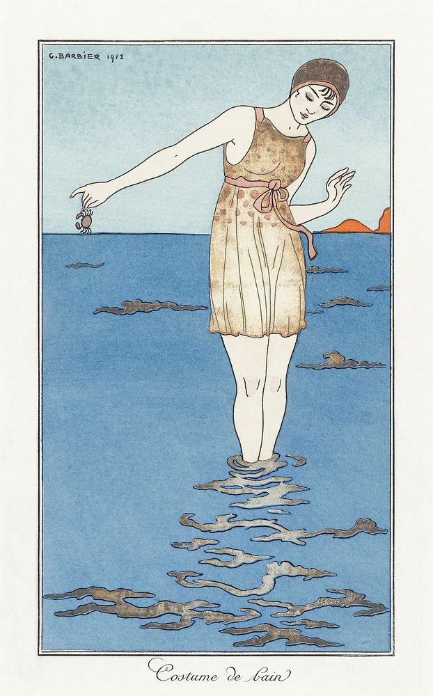 Costumes Parisiens: Costume de bain (1913) fashion illustration in high resolution by George Barbier. Original from The…