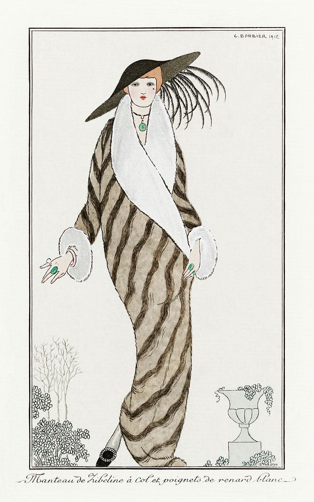 Costumes Parisiens: Manteau de Zibelin (1912) fashion illustration in high resolution by George Barbier. Original from The…