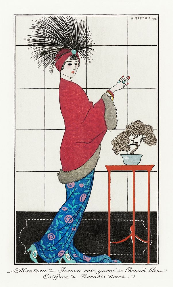 Costumes Parisiens, no. 35: Manteau de Damas ros from Journal des Dames et des Modes (1912) fashion illustration in high…