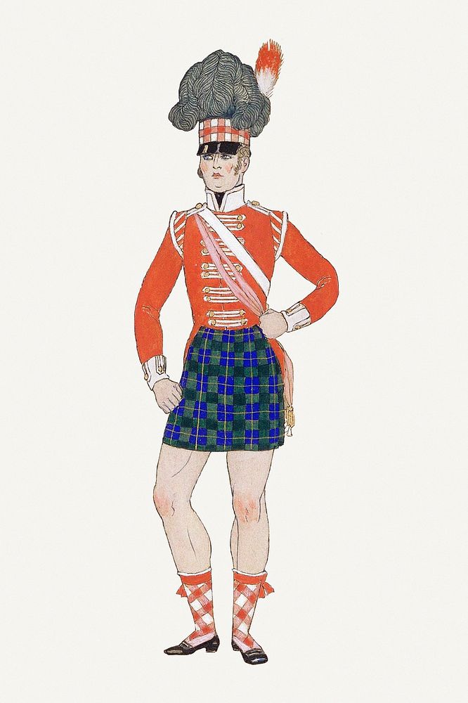 Vintage Scottish army vintage traditional fashion, remix from artworks by George Barbier