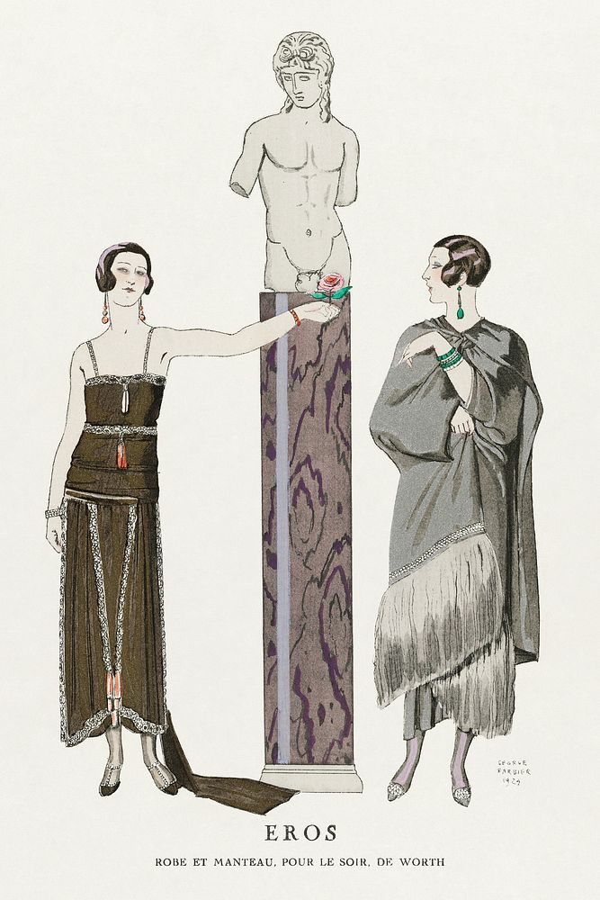Eros / Robe et manteau, pour le soir, de Worth from Gazette du Bon Ton No. 9 (1924) fashion illustration in high resolution…