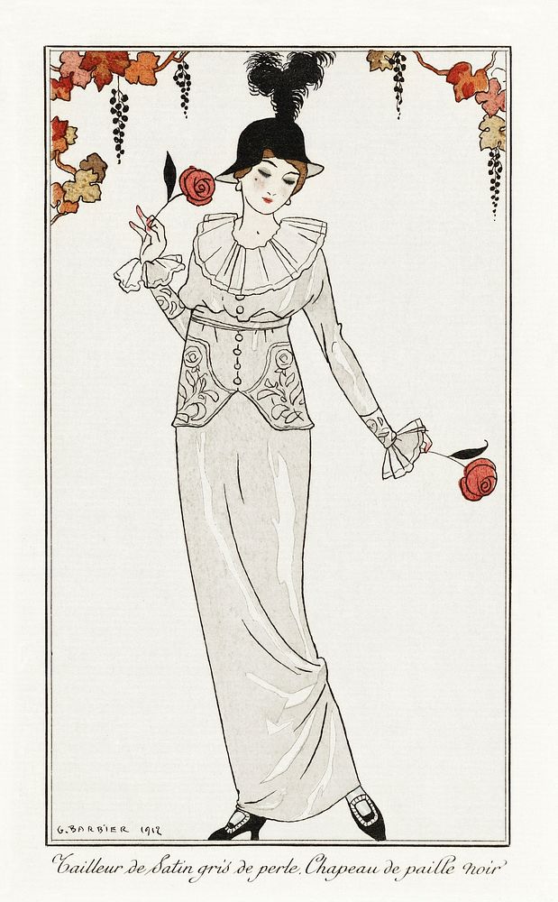 Costumes Parisiens, no. 8: Tailleur de Satin gris de perle. Chapeau de paille noir from Journal des Dames et des Modes…
