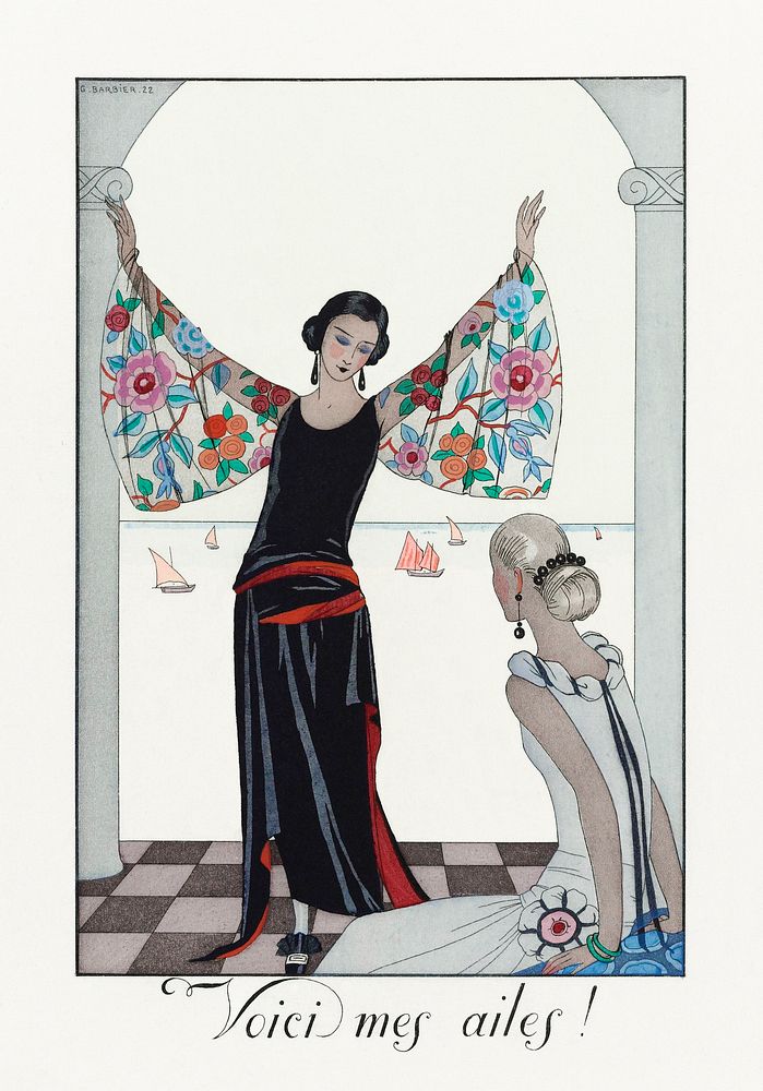 Voici mes ailes! (1923) fashion illustration in high resolution by George Barbier. Original from The Rijksmuseum. Digitally…